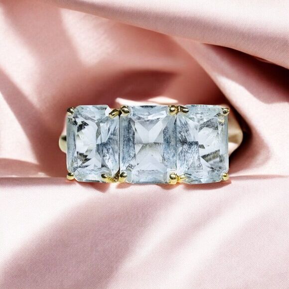 Vintage- 14K Gold- Aquamarine Ring- sz 10.25 -Emerald Cut-3CT- Three Stone -2.4g - Picture 11 of 16